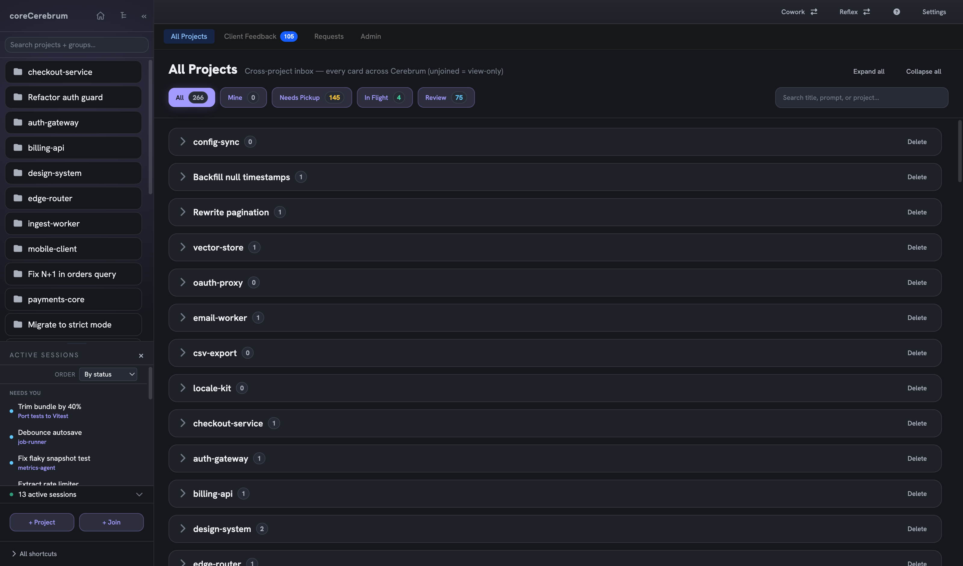 Cross-project inbox listing every card across all projects, with counts for needs pickup, in flight and review, and an active sessions rail.